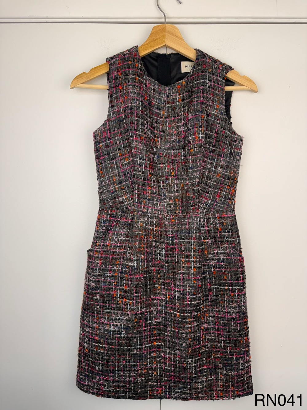 MILLY Coco Tweed Sheath Dress Size 0 Gray Pink Orange Bouclé Made USA